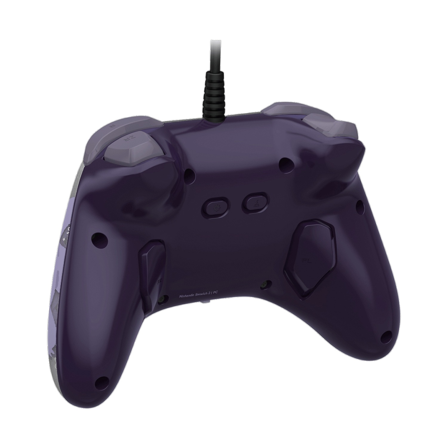 Fioletowy kontroler Nintendo Switch z czarnym kablem. Ma szare przyciski i białe tło.