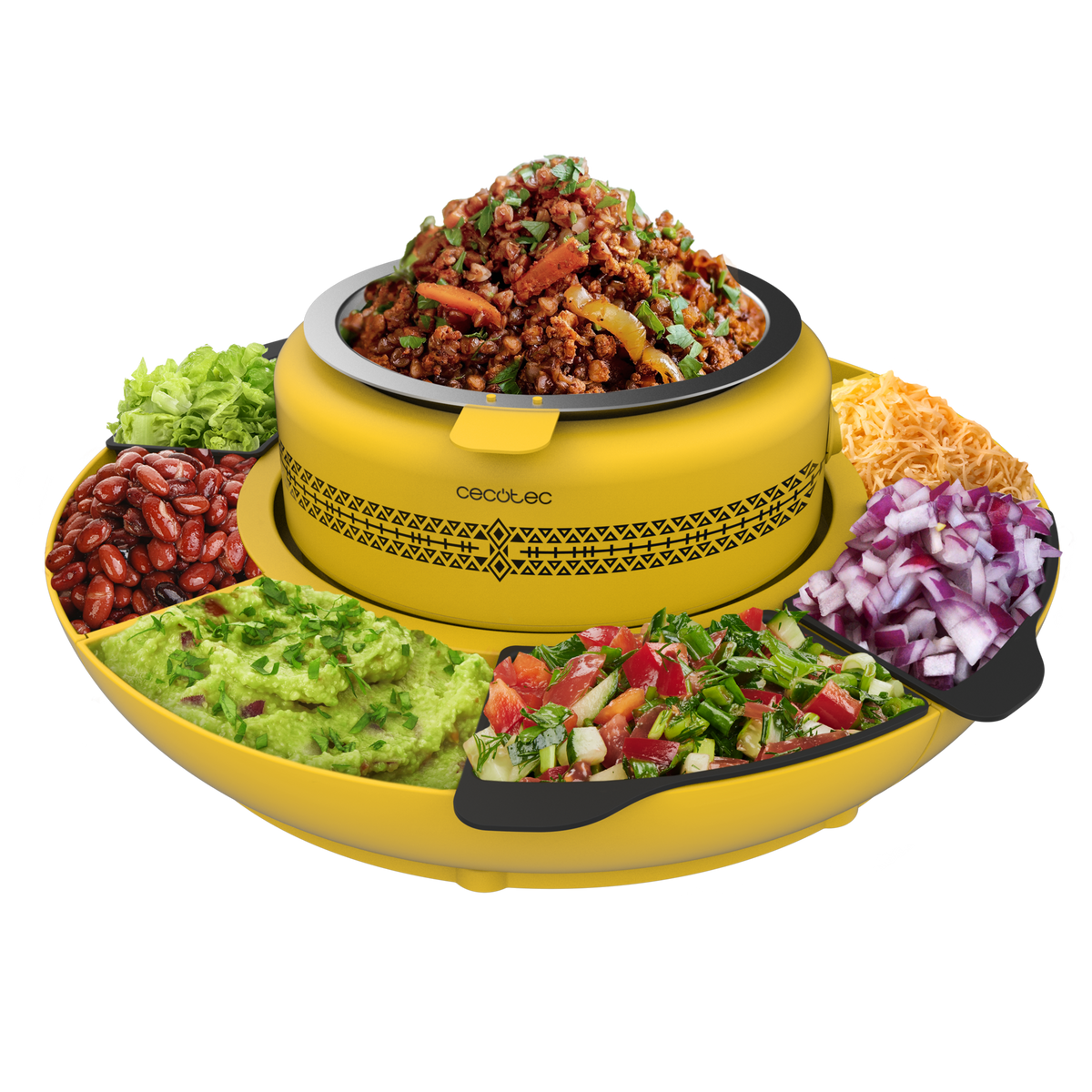 Scaldavivande giallo con vari ingredienti: carne, lattuga, fagioli, guacamole, insalata, formaggio e cipolle rosse. Sfondo nero.