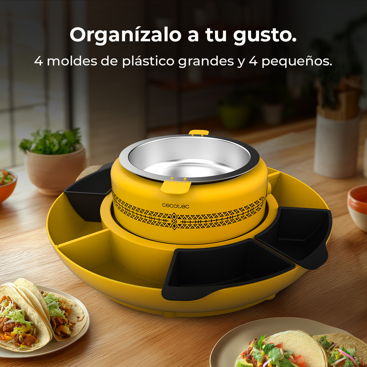 Un organizzatore di cibo giallo con contenitori neri, tacos e testo: 'Organízalo a tu gusto.' e '4 moldes de plástico'.