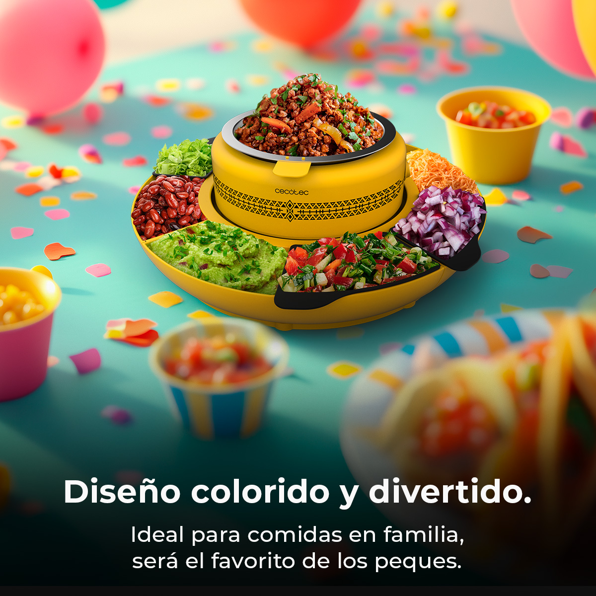 Un vassoio giallo con scomparti pieni di cibi vari, coriandoli e palloncini. Testo: Design colorato e divertente, ideale per i pasti in famiglia.