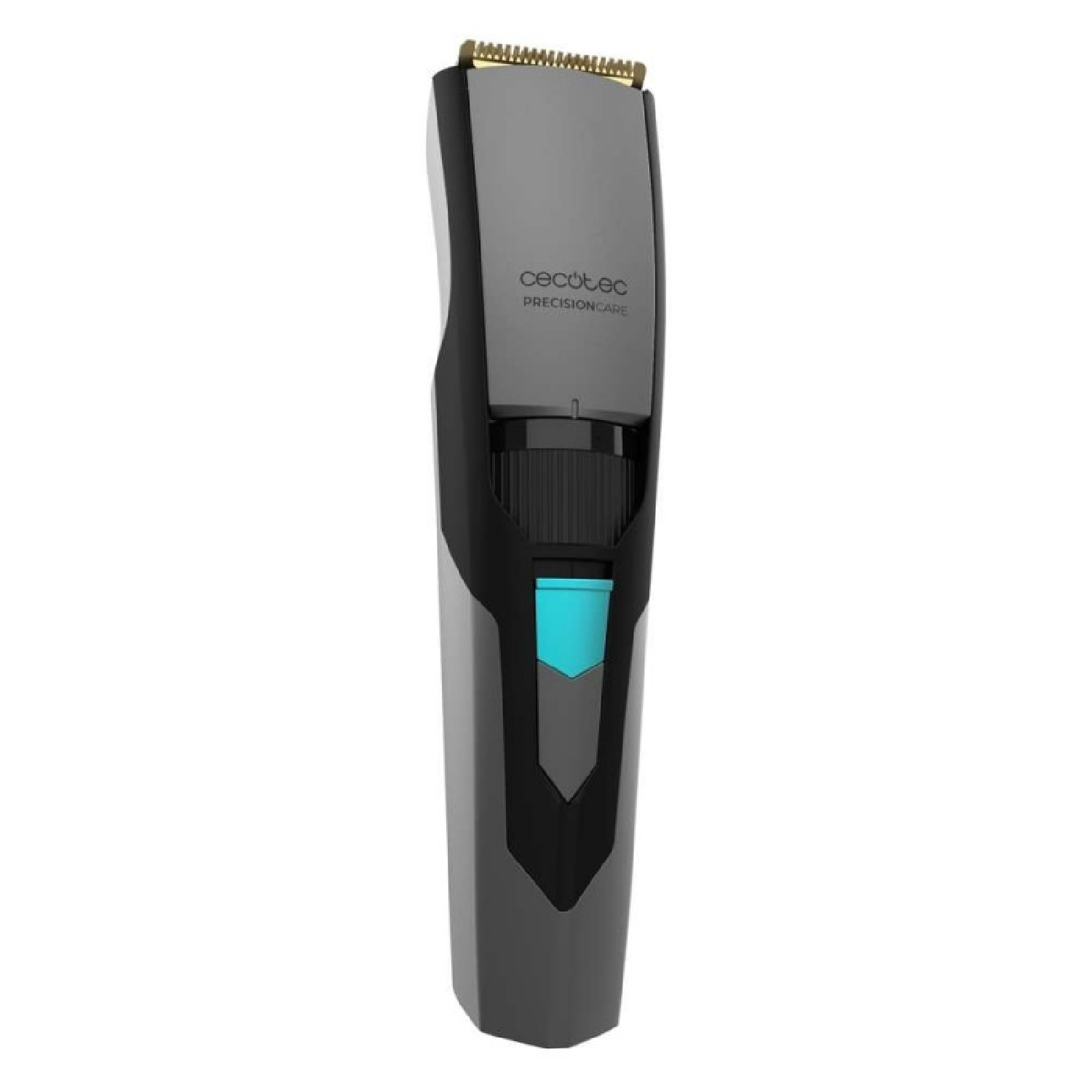 Una recortadora de cabello gris y negra con un acento azul. La marca 'Cecotec' y 'PrecisionCare' son visibles.