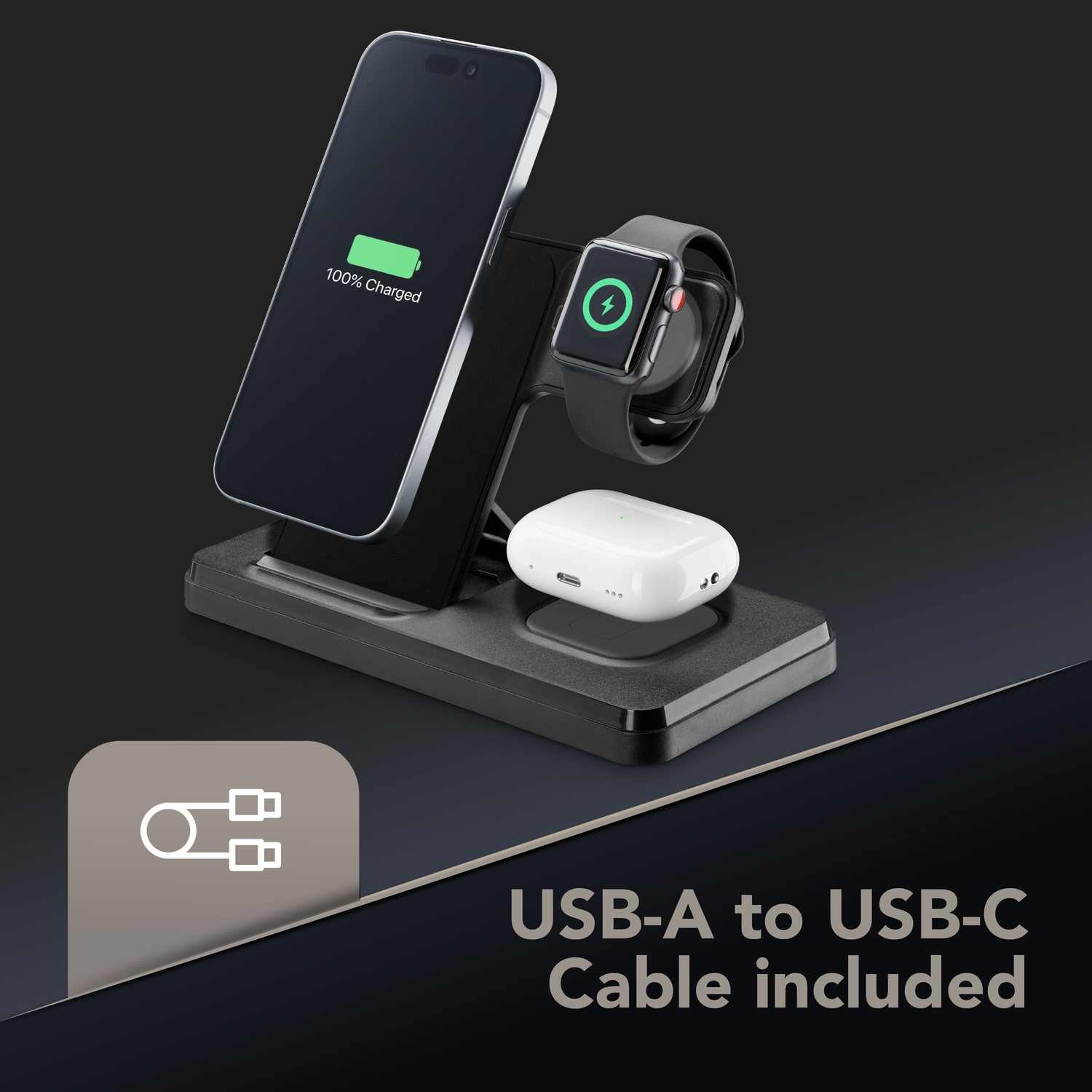 Una estación de carga con teléfono, reloj y auriculares. El teléfono muestra 100% cargado. Cable USB-A a USB-C incluido.