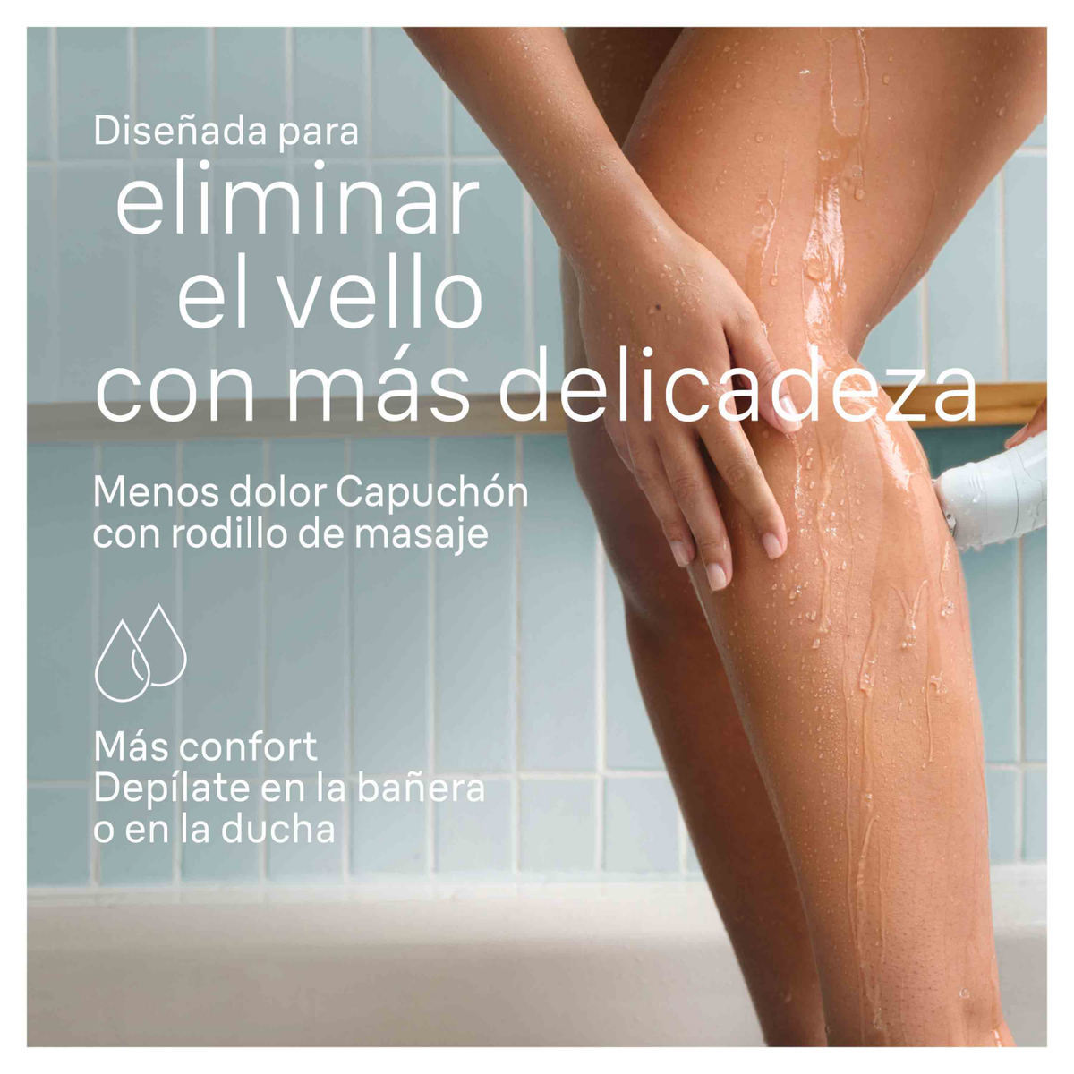 Kobieta goli nogę pod prysznicem. Widoczny tekst promujący depilację z rolką do masażu.