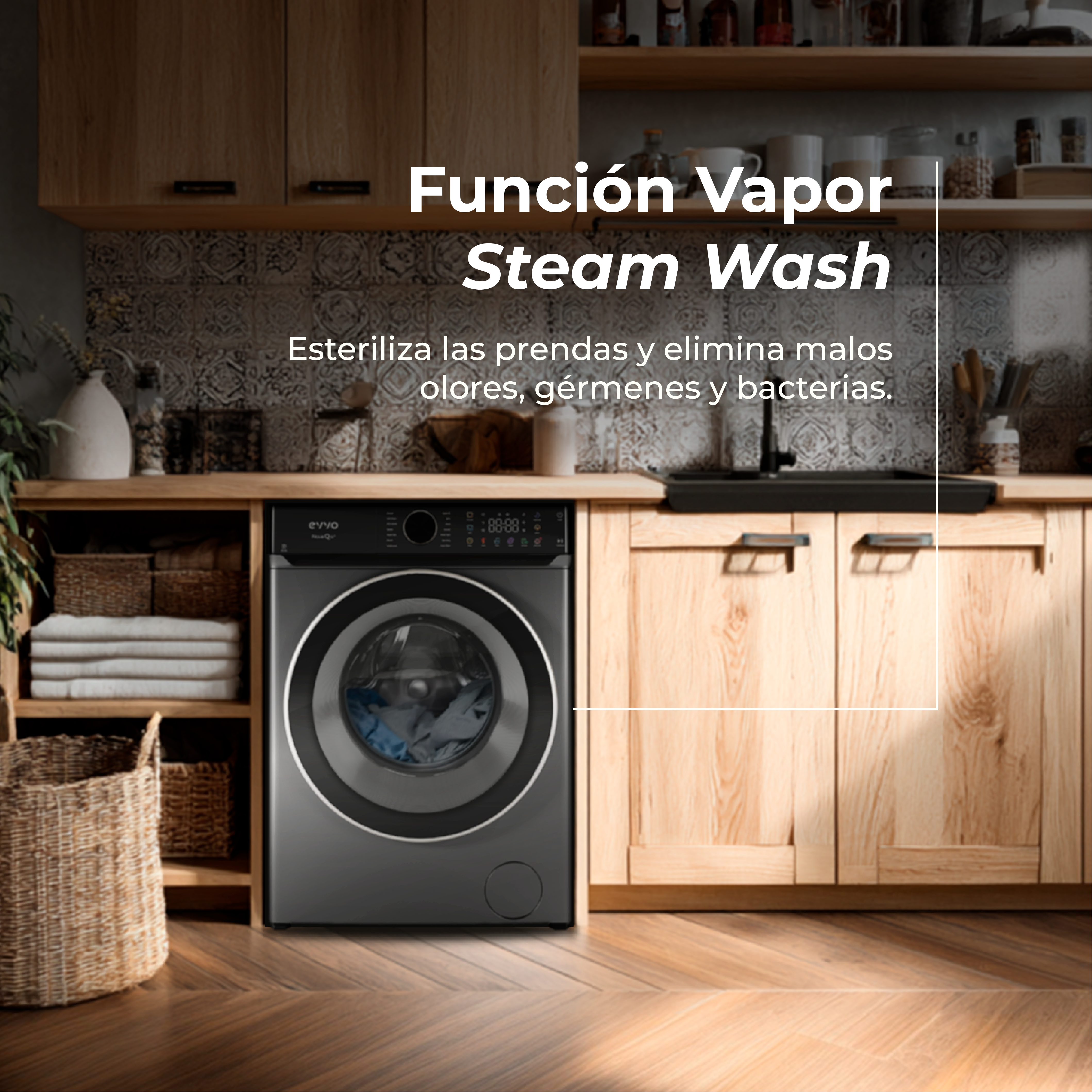 Una lavadora en una cocina. El texto superior dice 'Steam Wash'. Es una máquina negra con una puerta redonda de vidrio.