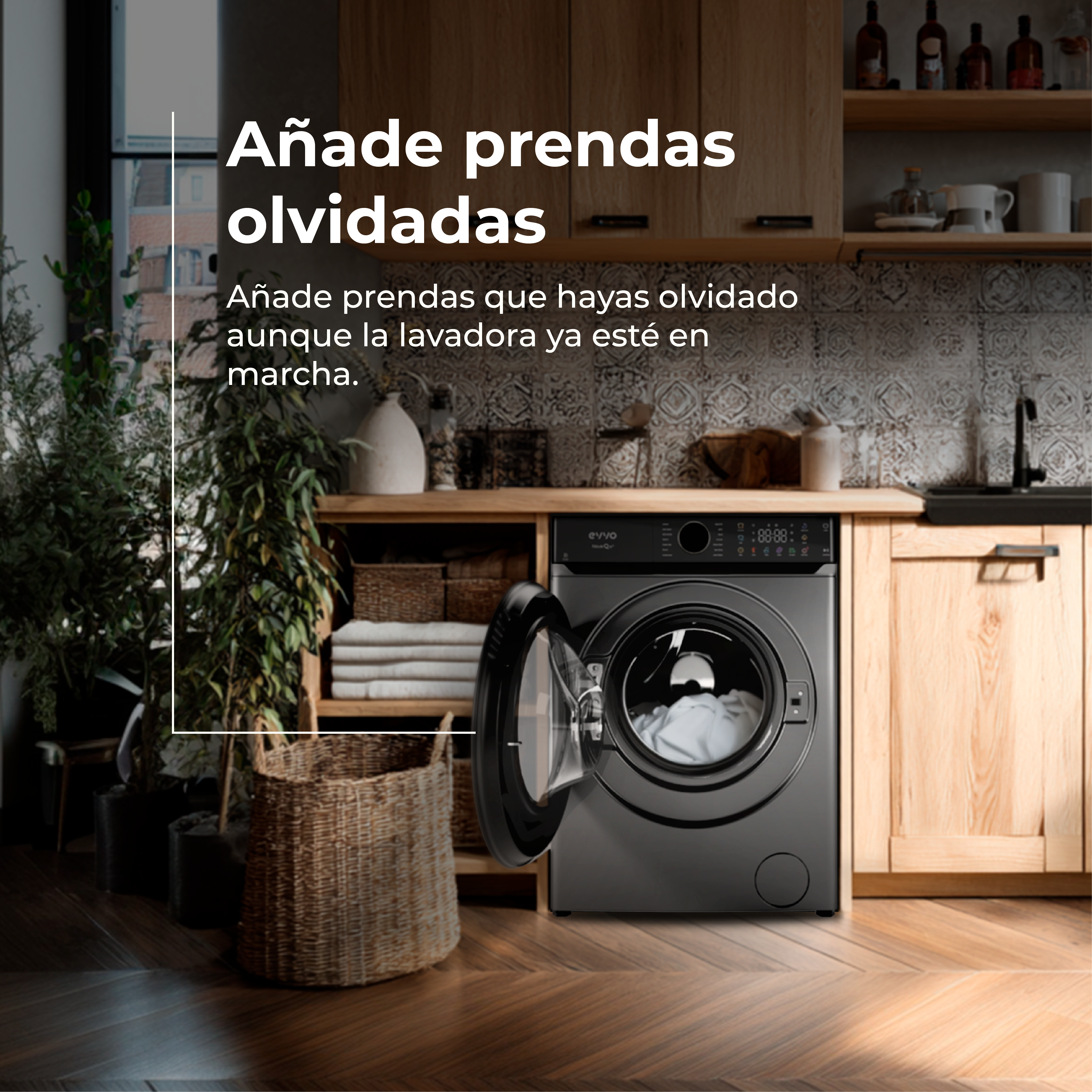 Una lavadora con la puerta abierta está en una cocina. El texto anterior dice 'Añade prendas olvidadas'.