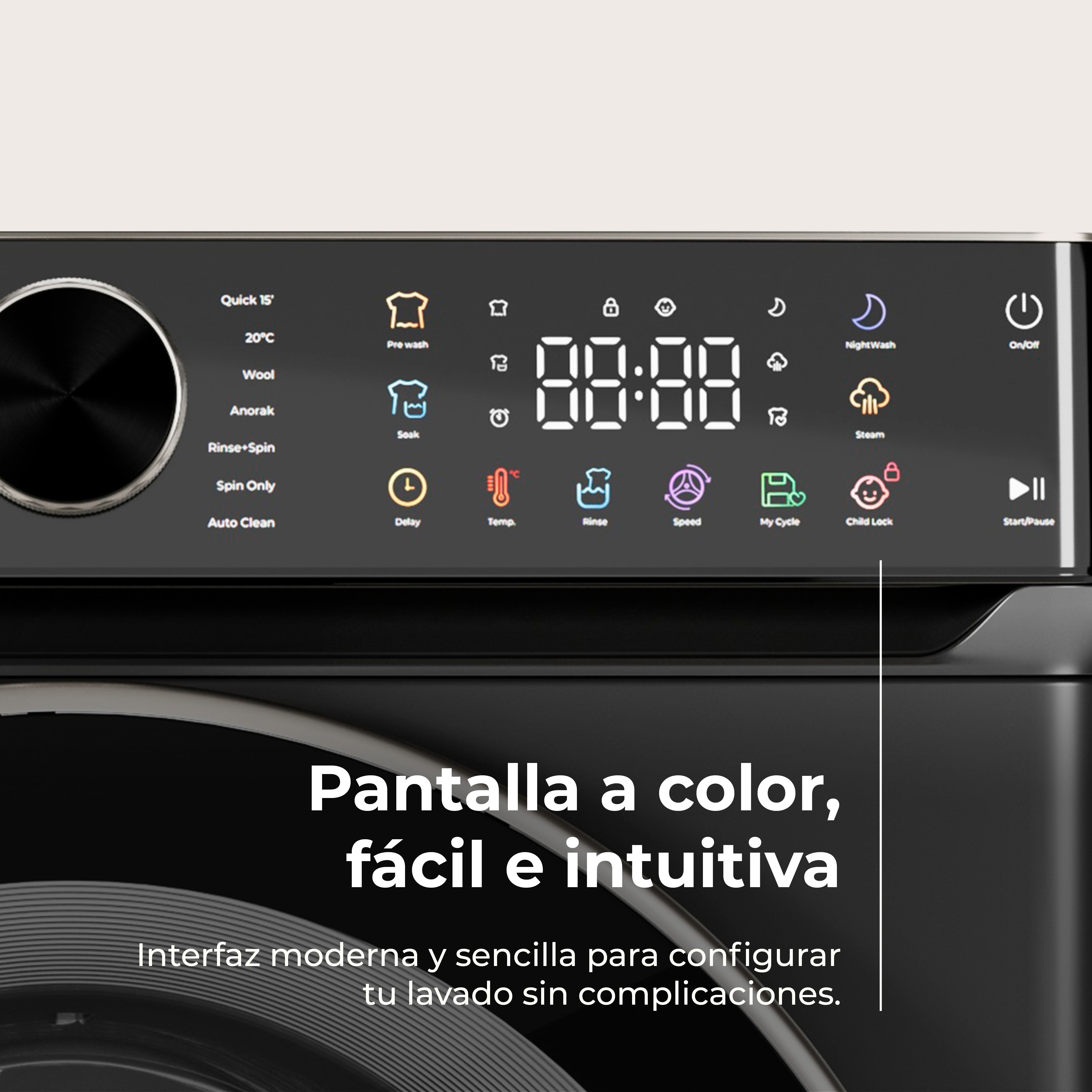 Panel de control de lavadora. Cuenta con pantalla digital, opciones de ciclo de lavado y dial de control.