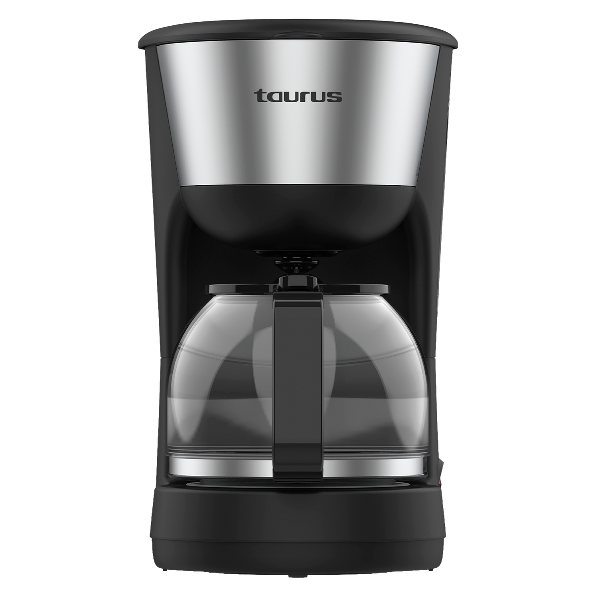 Czarny i srebrny ekspres do kawy Taurus. Ma szklany dzbanek i górę ze stali nierdzewnej. Tło jest czarne.