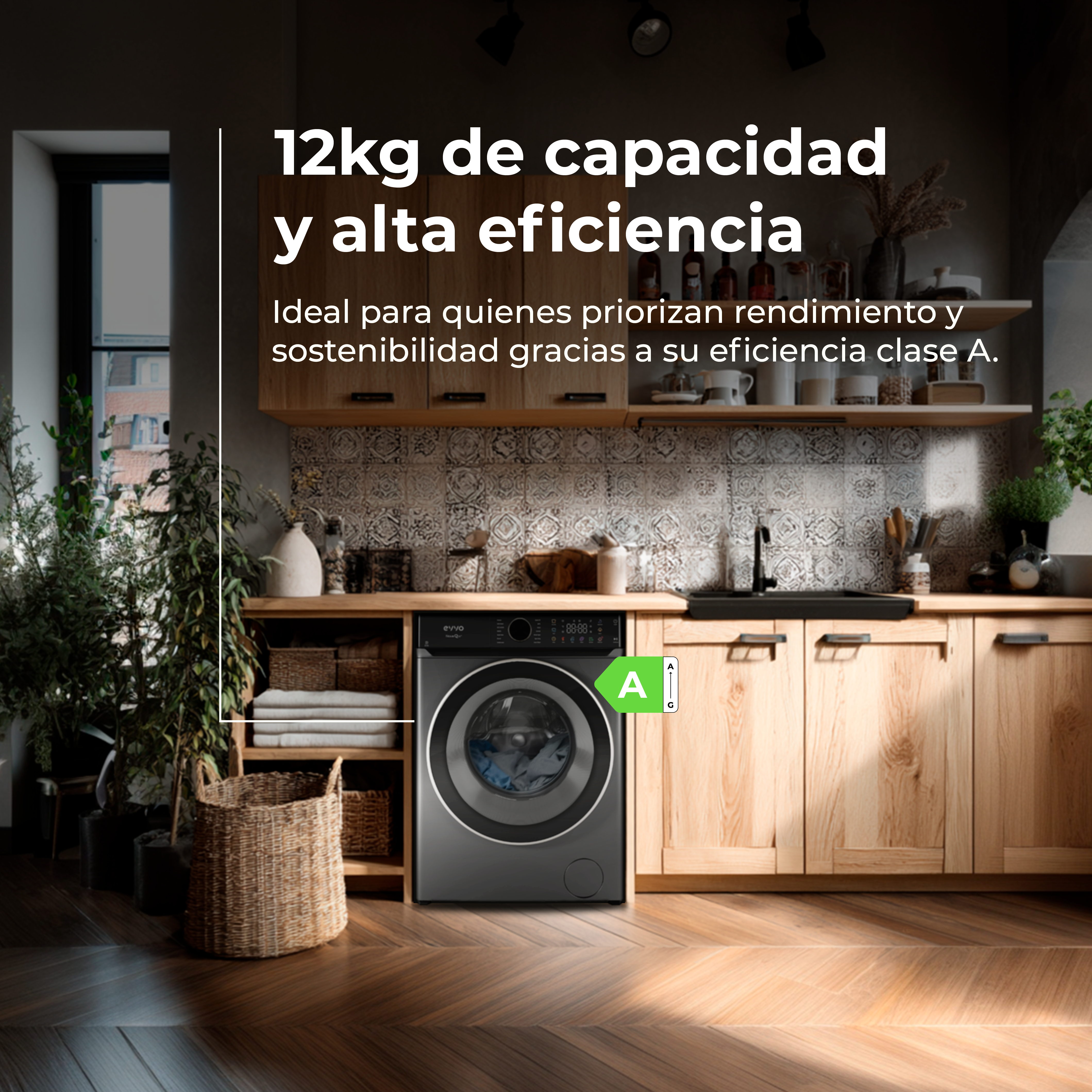 Una lavadora en una cocina. Se ven armarios de madera y un protector contra salpicaduras de azulejos. La máquina tiene calificación A.