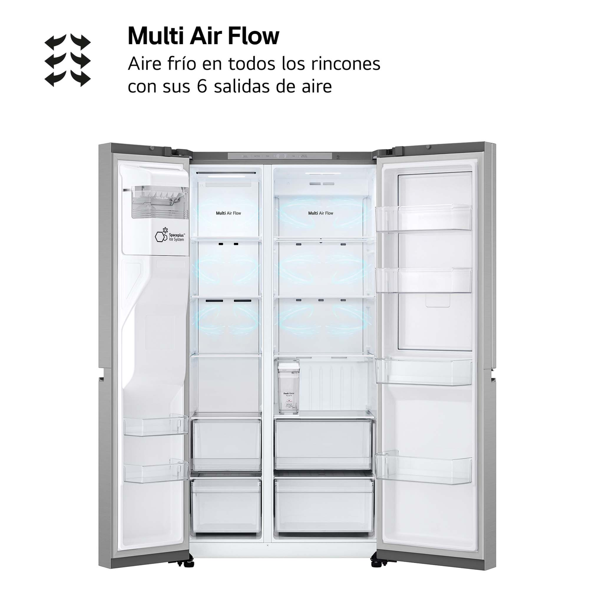 Refrigerador abierto mostrando el interior con estantes, cajones y texto 'Multi Air Flow'. El texto también dice 'aire frío en cada rincón'.