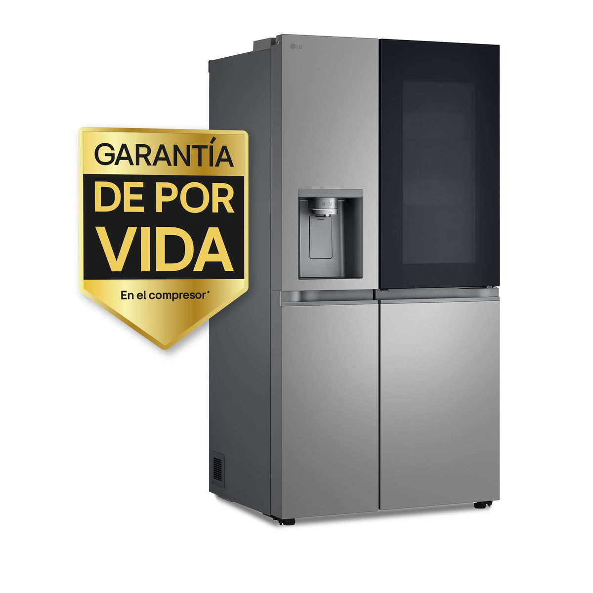 Un refrigerador LG moderno con puerta de vidrio y dispensador de agua. Una pegatina de garantía a la izquierda.