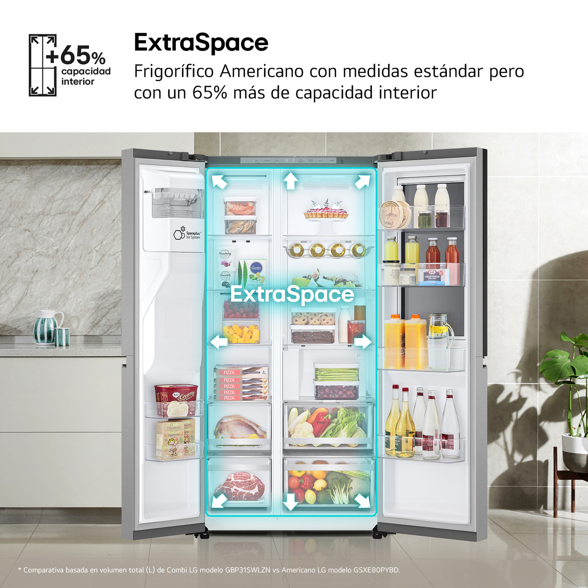 Refrigerador abierto con comida. El texto indica espacio adicional y un 65% más de capacidad. Muestra el contenido del refrigerador, incluyendo pizza y verduras.