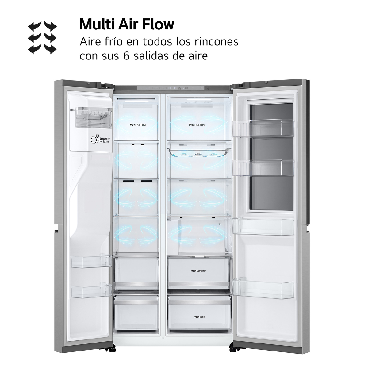Refrigerador abierto mostrando el interior con estantes, cajones y texto 'Multi Air Flow'. Flechas indican la circulación del aire.