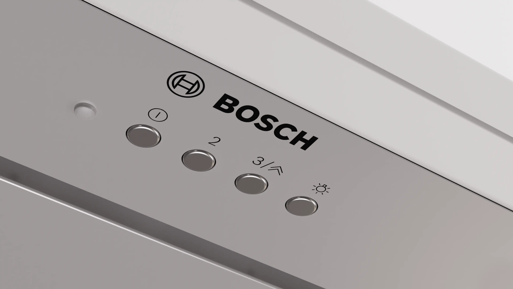 Primo piano del pannello di controllo di una lavastoviglie Bosch. Presenta pulsanti con le etichette 1, 2, 3 e un simbolo della luce. Il logo Bosch è visibile.