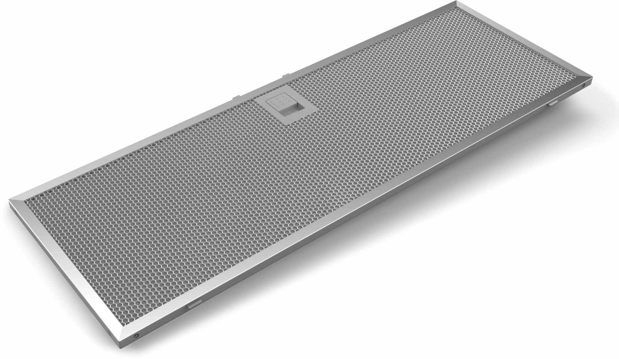 Filtro rettangolare e metallico per cappa con design a nido d'ape, su sfondo bianco.