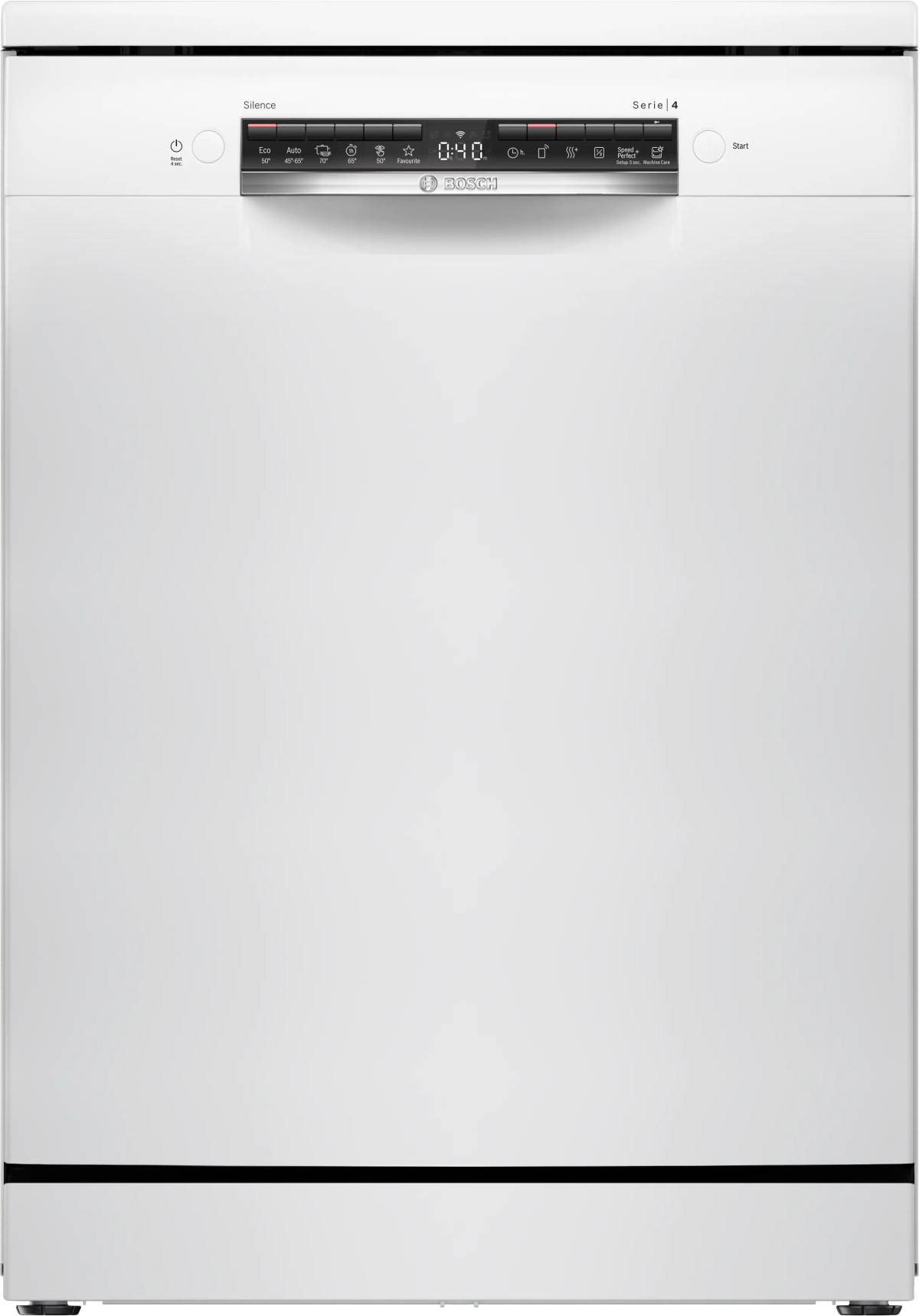 Biała zmywarka Bosch. Ma panel sterowania z przyciskami i wyświetlacz z napisem '0:40'. Drzwi są zamknięte.