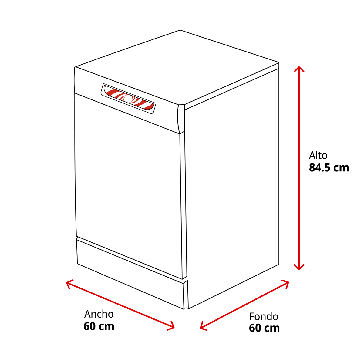 Biała zmywarka z czerwonymi akcentami na górze. Wymiary: 60cm szerokości, 60cm głębokości i 84,5cm wysokości.