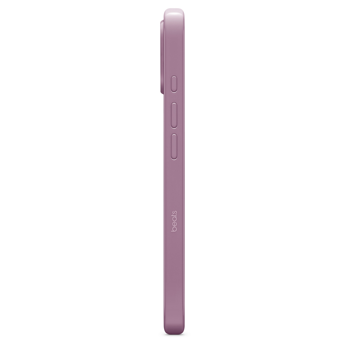 A side view of a purple phone case with buttons and the 'beats' logo, set against a white background.
