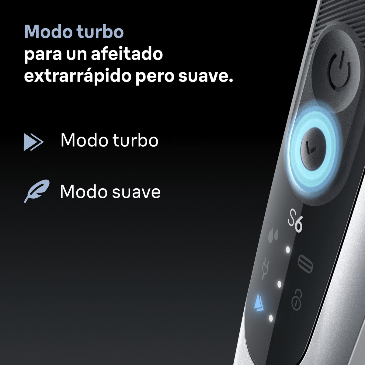 Gros plan sur un rasoir électrique noir et argenté avec des boutons bleus éclairés. Le texte dit 'mode turbo' et 'mode doux'.