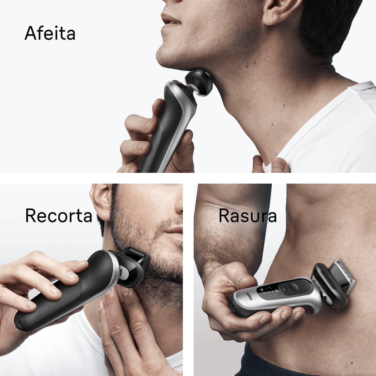 Un homme se rase le cou avec un rasoir électrique. Un autre homme taille sa barbe. Un troisième homme se rase le torse.