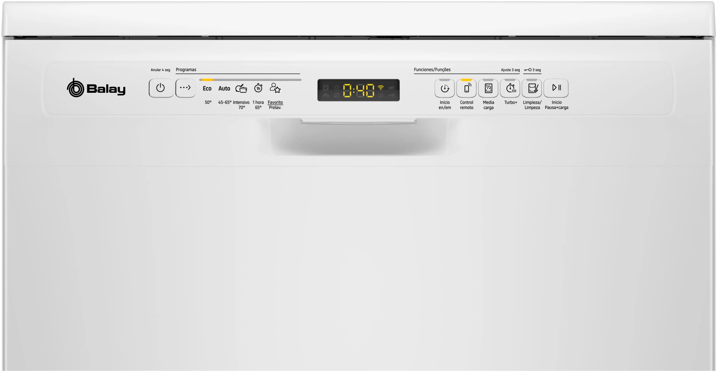 Eine weiße Geschirrspüler-Bedienblende mit Tasten für Programme und Funktionen. Ein Digitaldisplay zeigt die Zeit an.