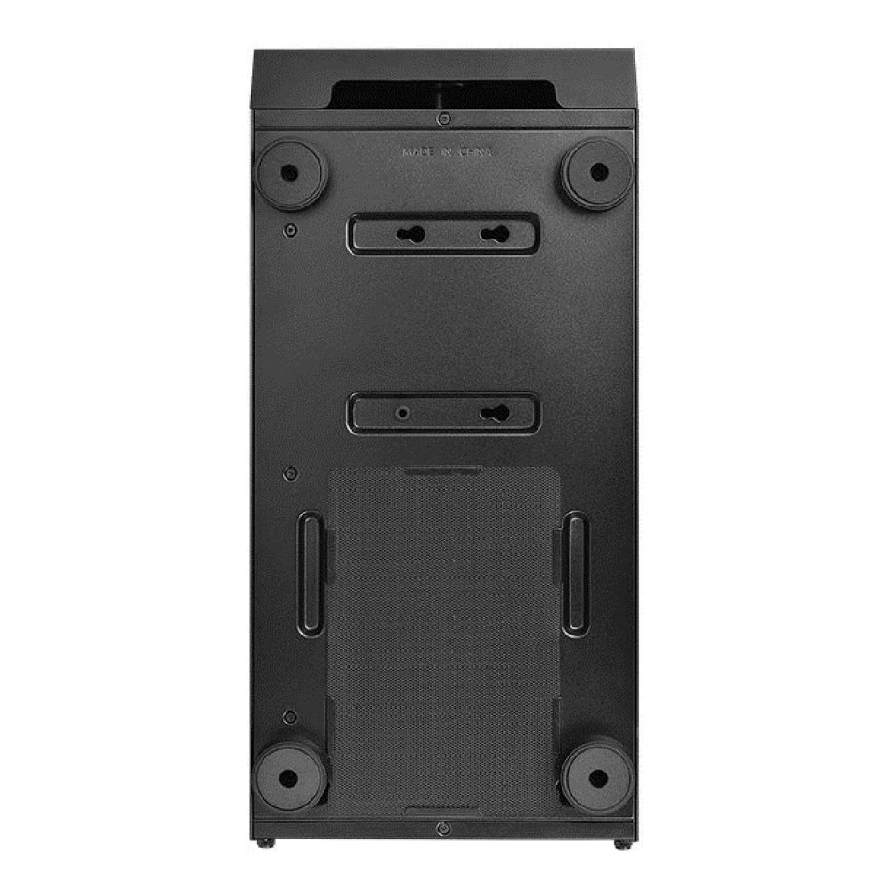 La parte inferiore di un case per computer nero. Ha piedini arrotondati, fori per viti e un pannello a rete. Il testo "MADE IN CHINA" è visibile.