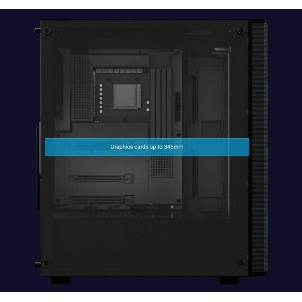 Pokazana jest obudowa komputera z widocznymi elementami wewnętrznymi. Niebieski pasek podkreśla pojemność karty graficznej do 345 mm.