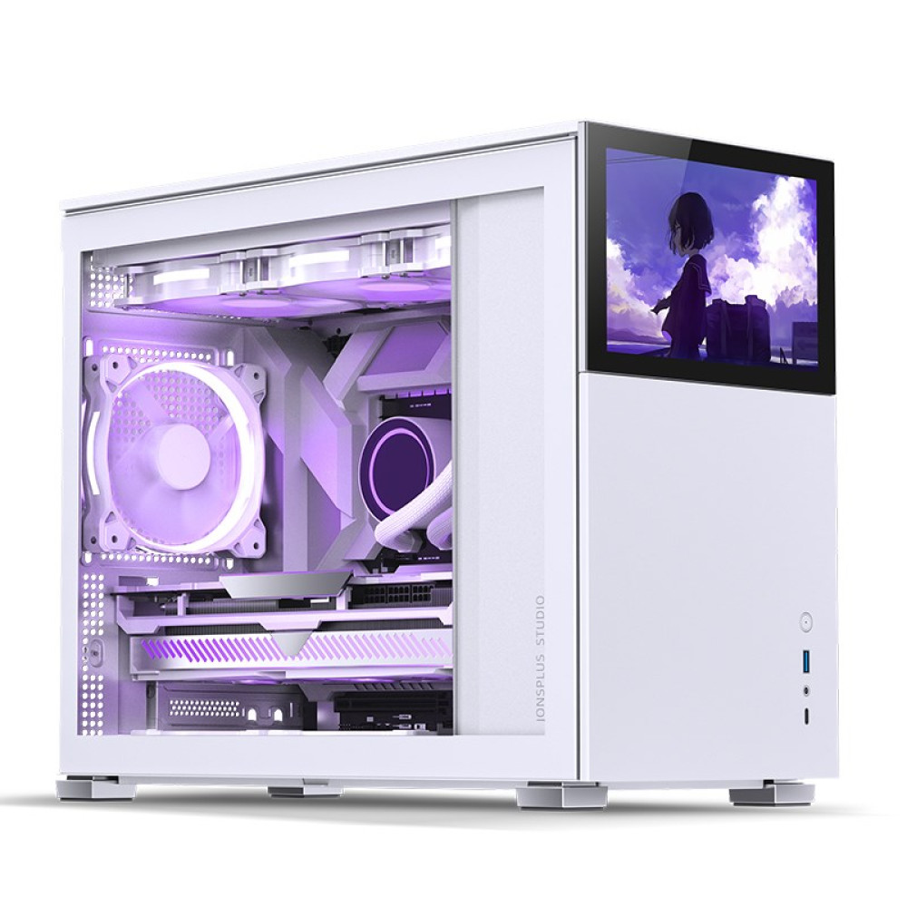 Een witte computerkast met een zijscherm met een anime-personage. Binnenin is een paars verlicht systeem met ventilatoren zichtbaar.
