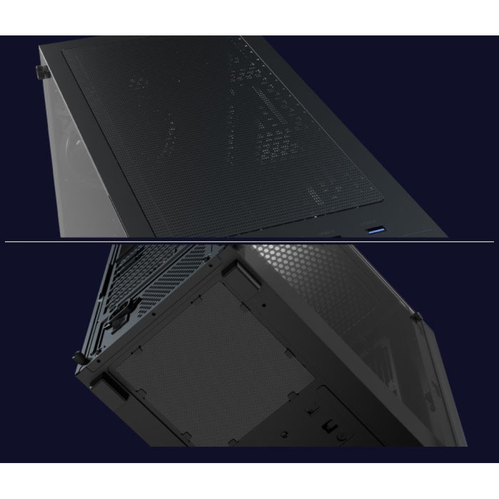 Zbliżenie czarnej obudowy komputera. Ma siatkowy górny i boczny panel, z przezroczystym szklanym panelem. Obudowa jest ustawiona pod kątem.