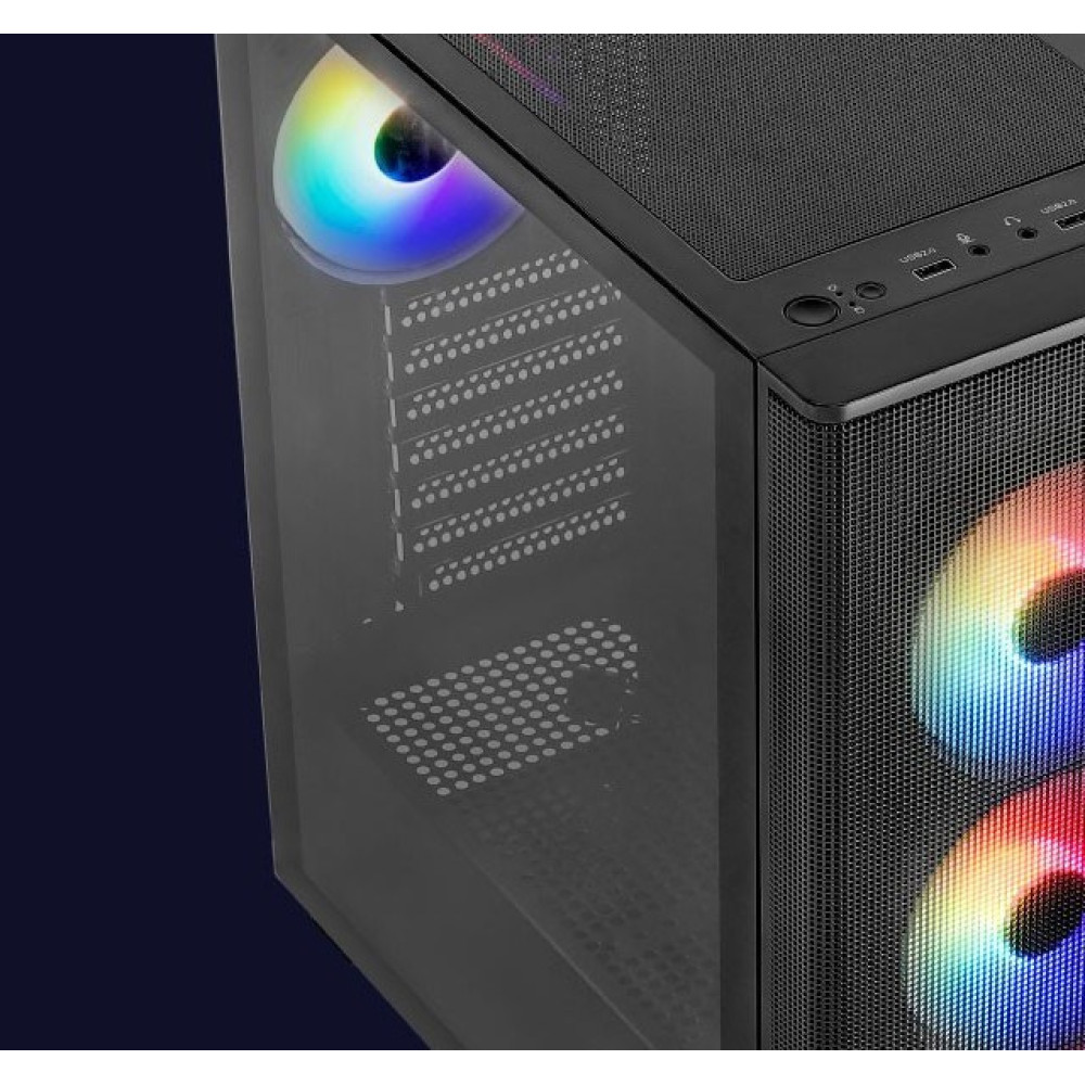 Obudowa komputera z przezroczystym panelem bocznym, pokazująca wewnętrzny wentylator z tęczowym oświetleniem. Przód ma siatkę i wentylatory.