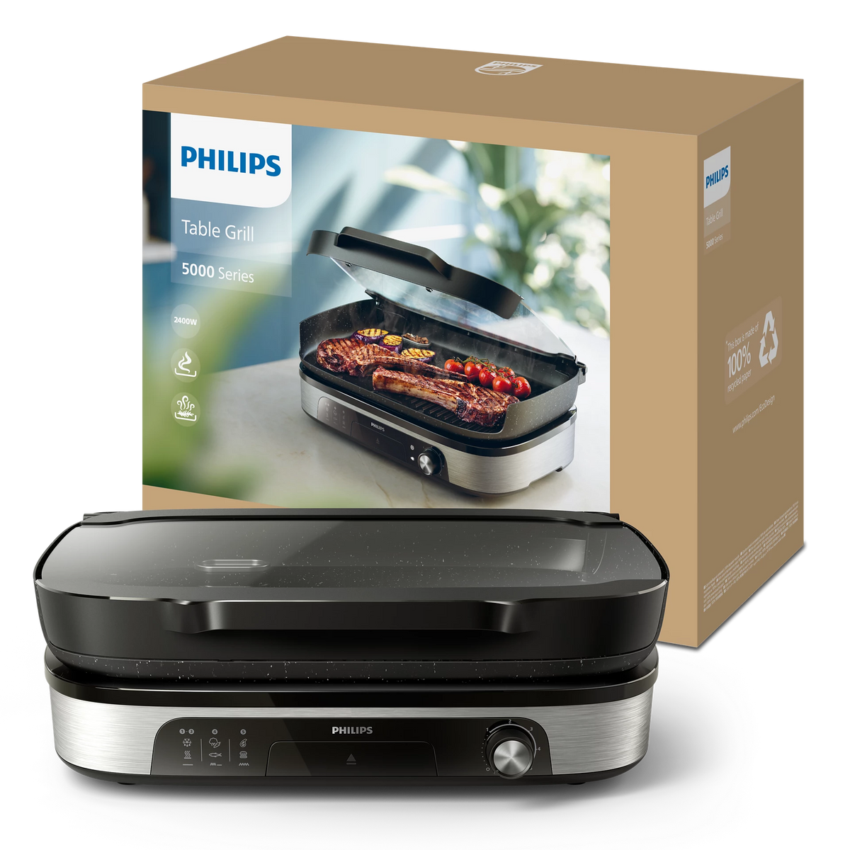 Grill stołowy Philips serii 5000 ze stekami i pomidorami na grillu, widoczny przed pudełkiem.