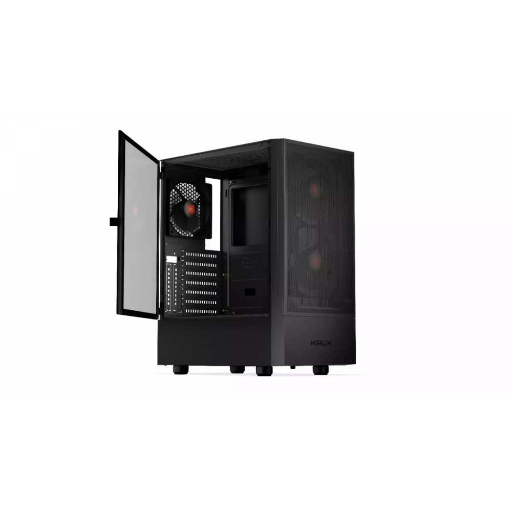 Czarna obudowa komputera, częściowo otwarta, z szklanym panelem bocznym. Widoczne komponenty wewnętrzne, w tym wentylatory i obszary montażowe. Marka to KRUX.