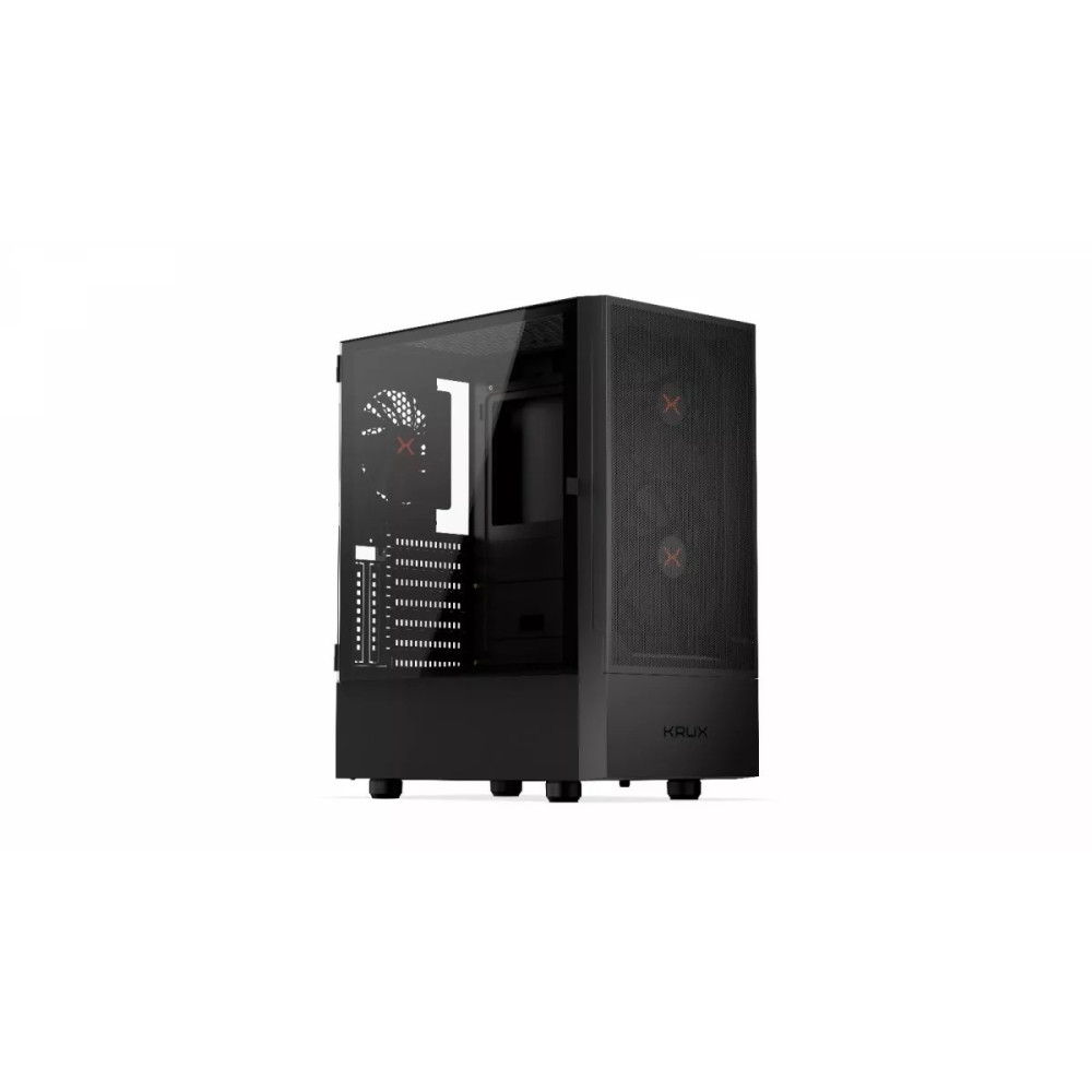 Czarna obudowa komputera ze szklanym panelem bocznym. Przód ma siatkowy wzór z czerwonymi akcentami. Tło jest białe.