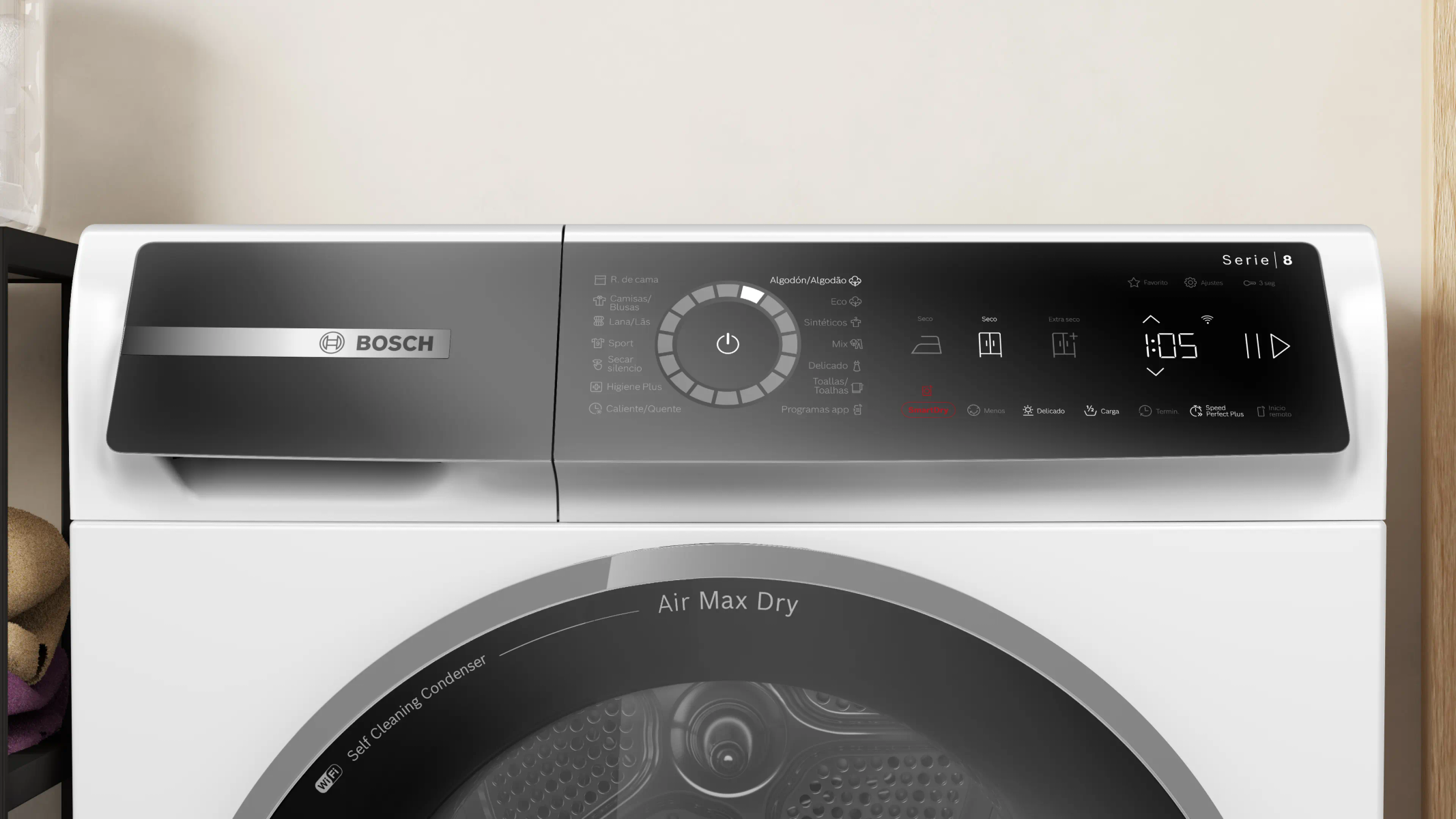 Una secadora Bosch blanca con pantalla digital que muestra el tiempo y las opciones de secado. El panel de control tiene varios programas.