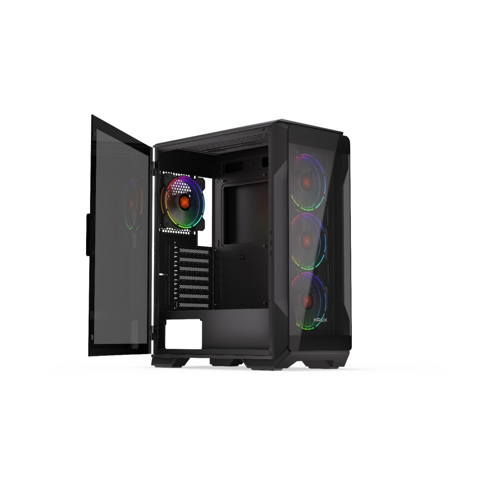 Czarna obudowa komputera ze szklanym panelem bocznym i otwartymi drzwiami. Widoczne wentylatory RGB. Logo KRUX. Izolowane na białym tle.
