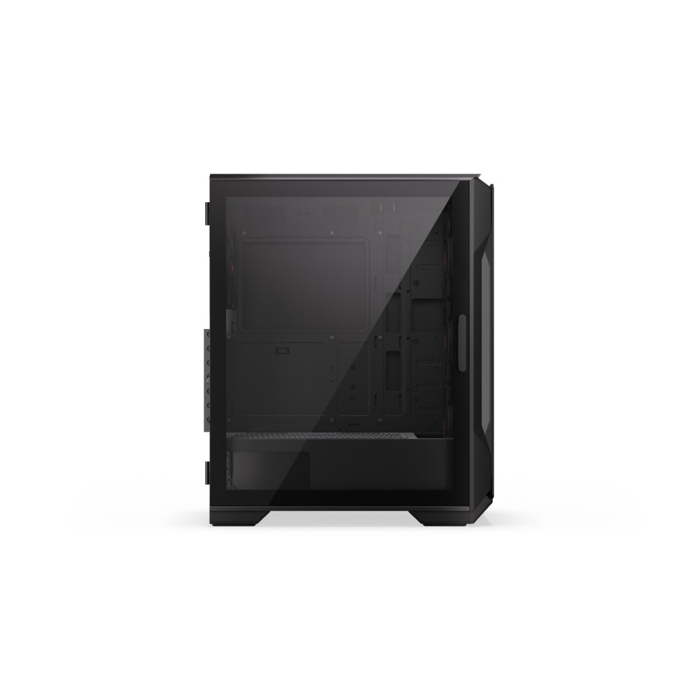 Czarna obudowa komputera ze szklanym panelem bocznym na białym tle.