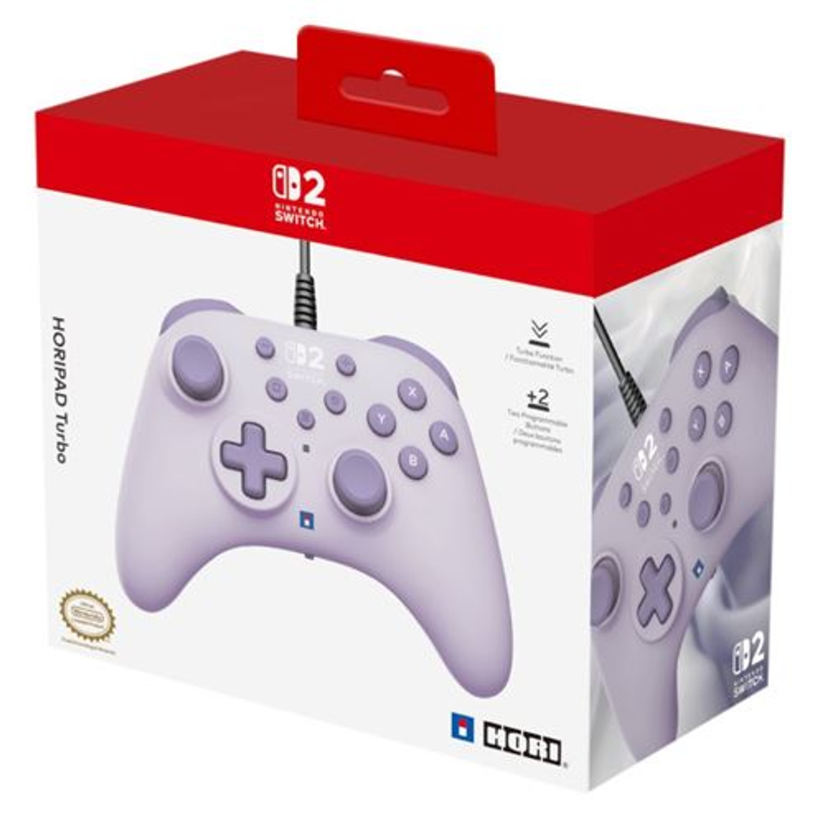 Pudełko z fioletowo-białym kontrolerem Nintendo Switch. Pudełko ma czerwoną górę i uchwyt. Kontroler jest widoczny.