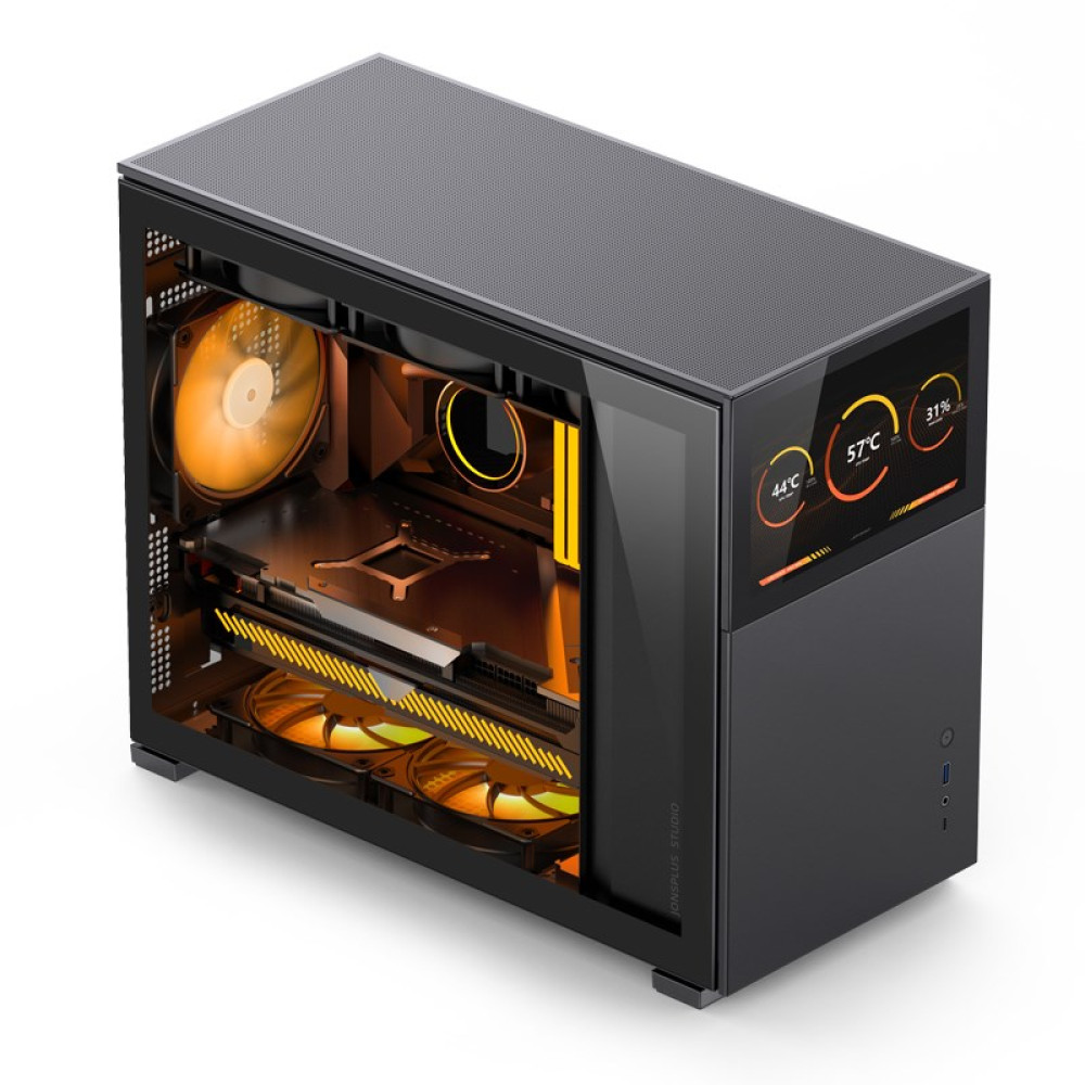 A black computer case with a glass side panel, showcasing internal components and orange glowing fans and a screen with temperatures.