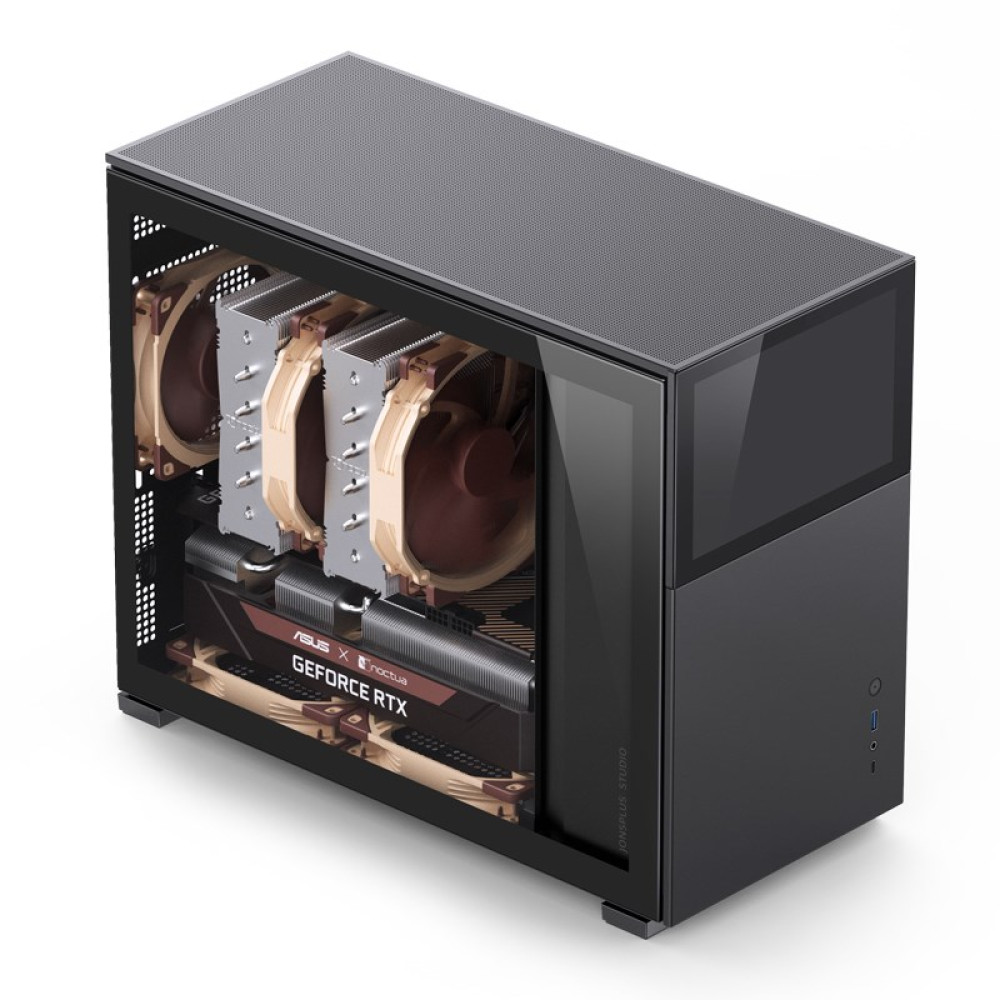 Black computer case with glass panel showing internal components: CPU cooler, fans, and a graphics card. The case is on a white surface.