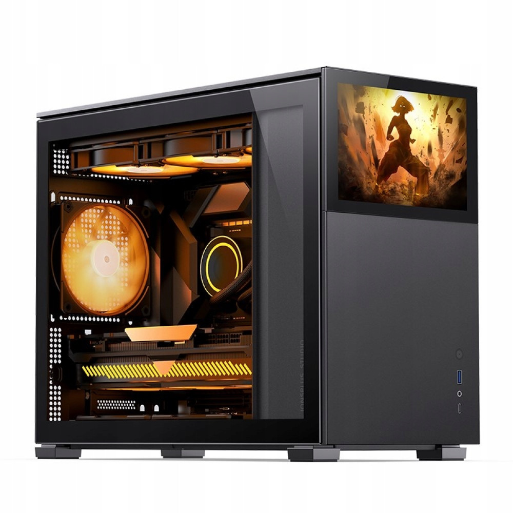 A black computer case with a glass side panel. Inside, fans and components are lit with orange. A screen displays a woman.