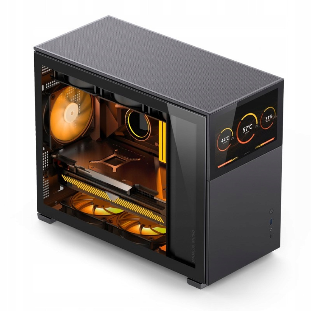 A black computer case with a glass side panel. Inside, there are fans with orange lighting and a temperature display on the front.