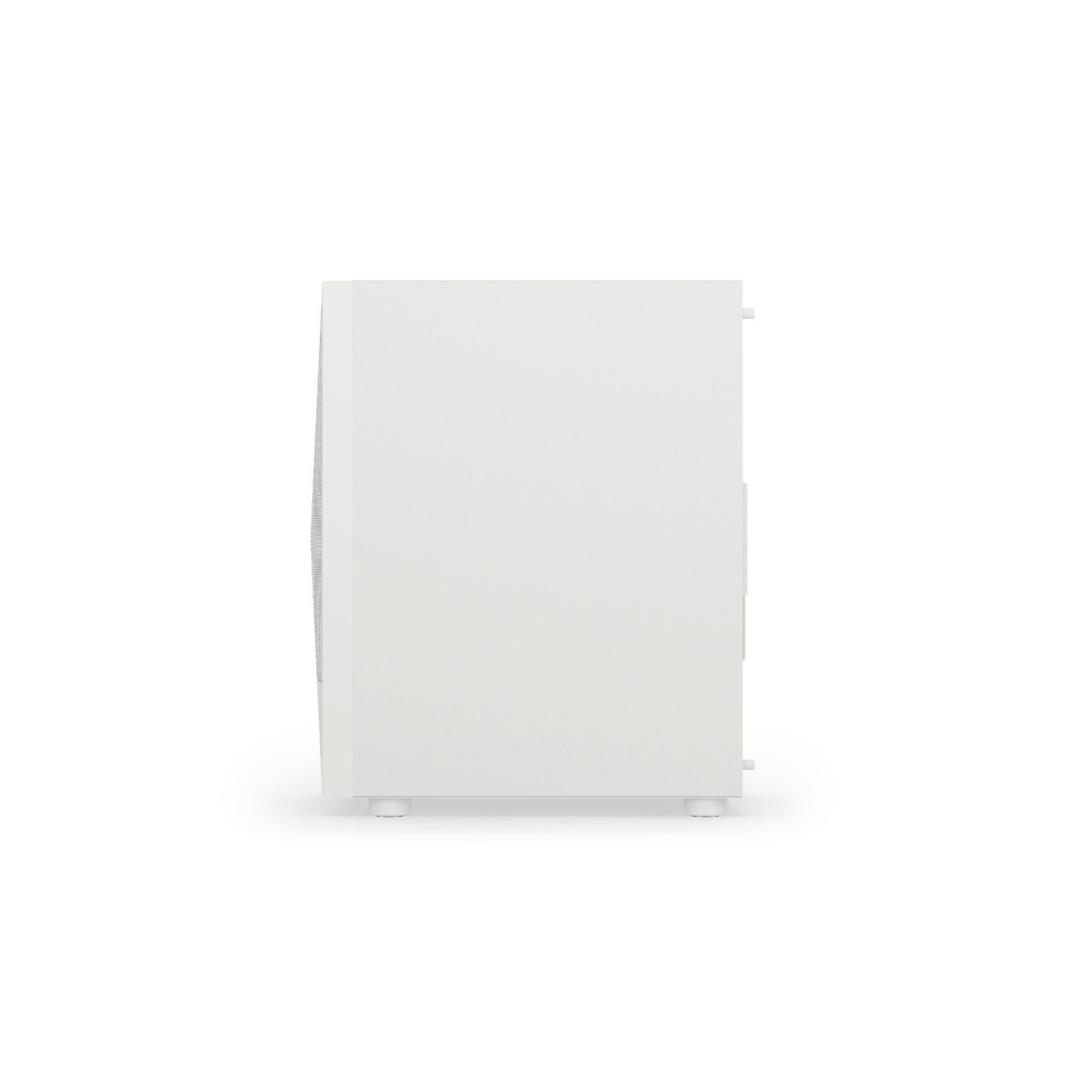 Biała obudowa komputera, widok z boku. Obudowa jest prostokątna z zaokrąglonymi narożnikami. Ma małe nóżki i siatkę wentylacyjną.