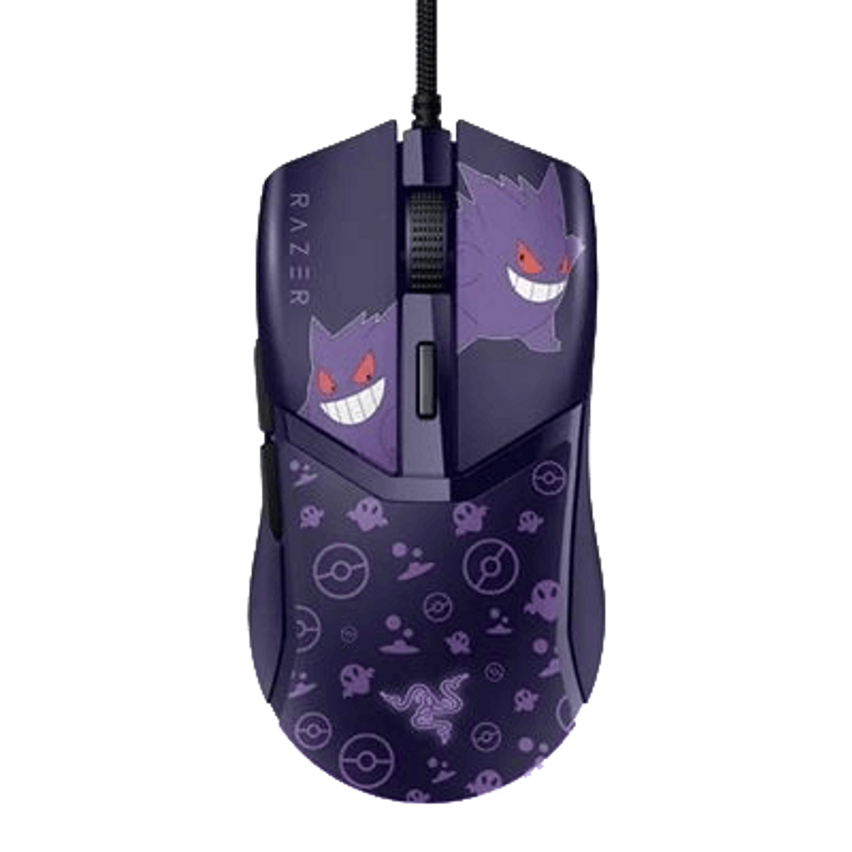 Un mouse da gaming Razer viola con Gengar di Pokemon. Presenta design di Gengar e simboli di Poké Ball.