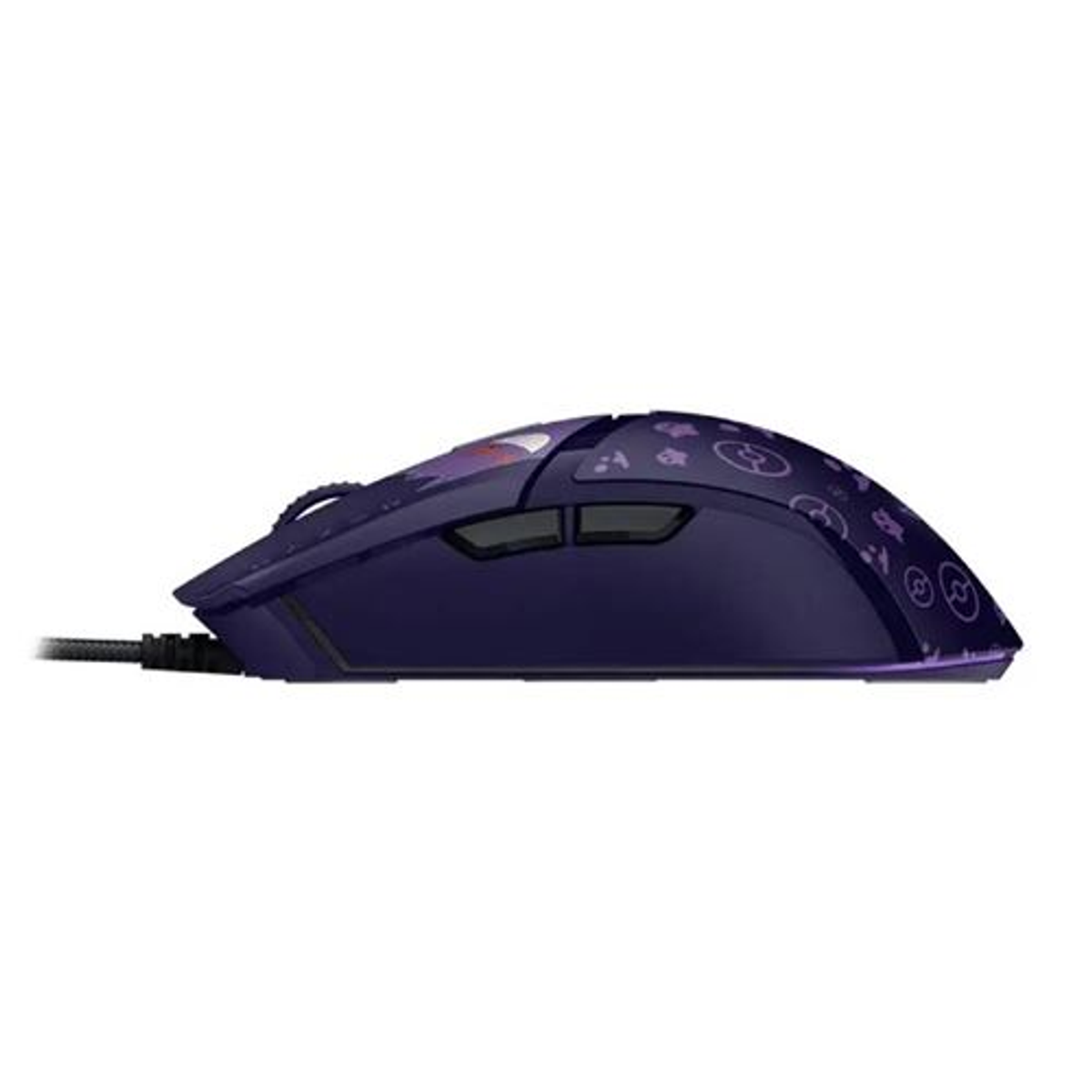 Un mouse da gioco viola scuro con design a tema Pokémon. Ha un cavo nero e si trova su uno sfondo bianco.