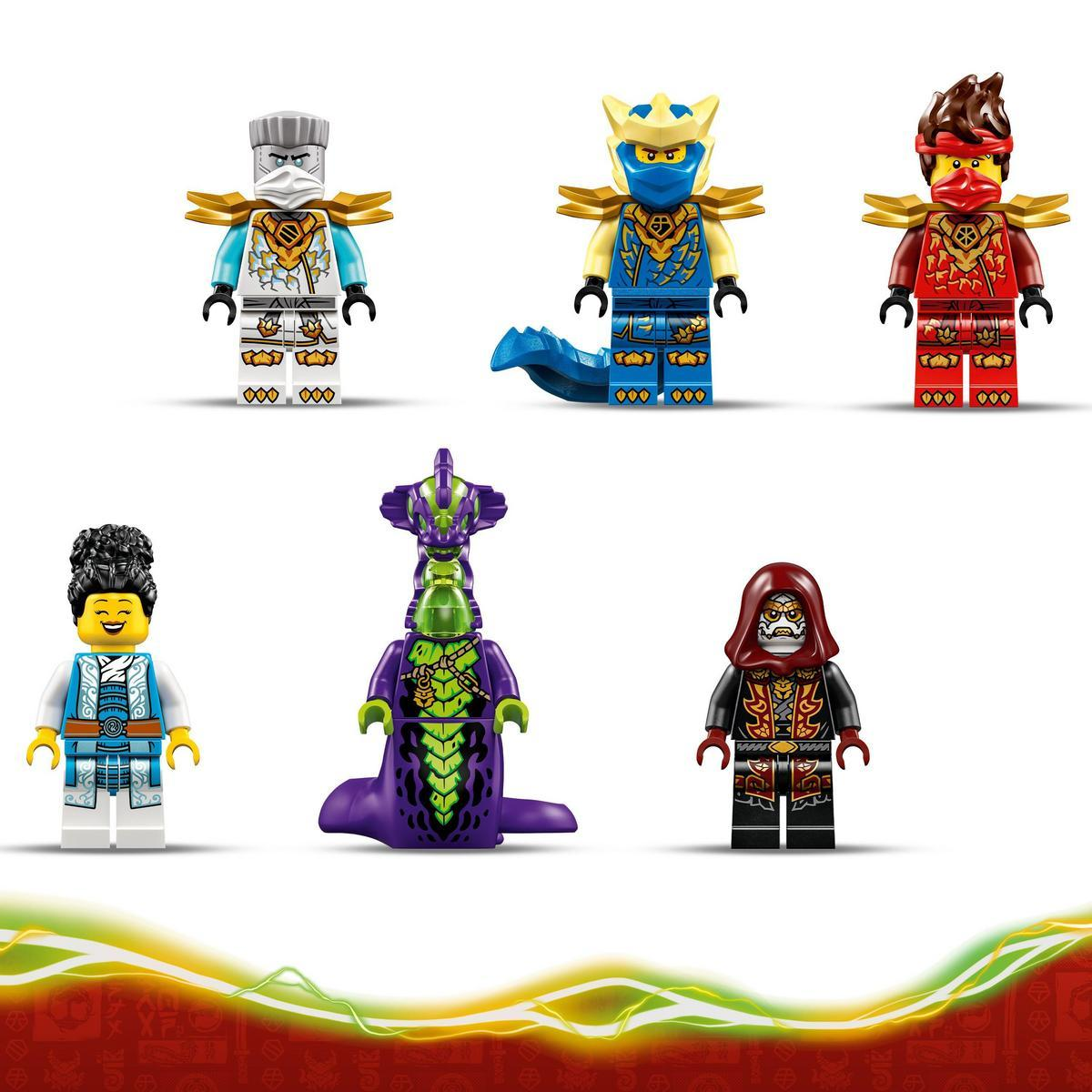 Figurki LEGO Ninjago: Zane, Jay, Kai, Nya, fioletowy wąż i postać w czerwonej pelerynie na kolorowym tle.