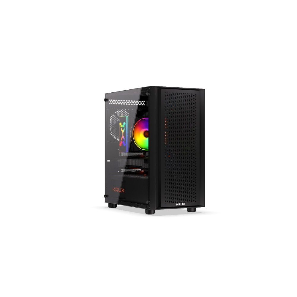 Czarna obudowa komputera ze szklanym panelem bocznym. W środku świeci kolorowy wentylator. Widoczne logo KRUX.