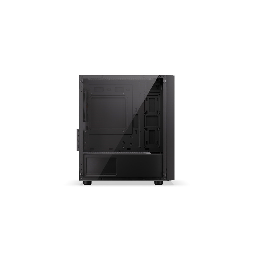 Czarna obudowa komputera, widok z boku. Posiada szklany panel, odsłaniający wewnętrzne komponenty. Obudowa jest na białym tle.