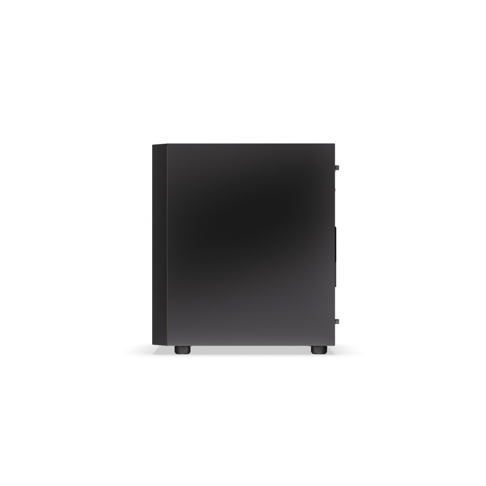 Widok z boku czarnej prostokątnej wieży komputera na białym tle. Ma małe, czarne nóżki i uchwyt.