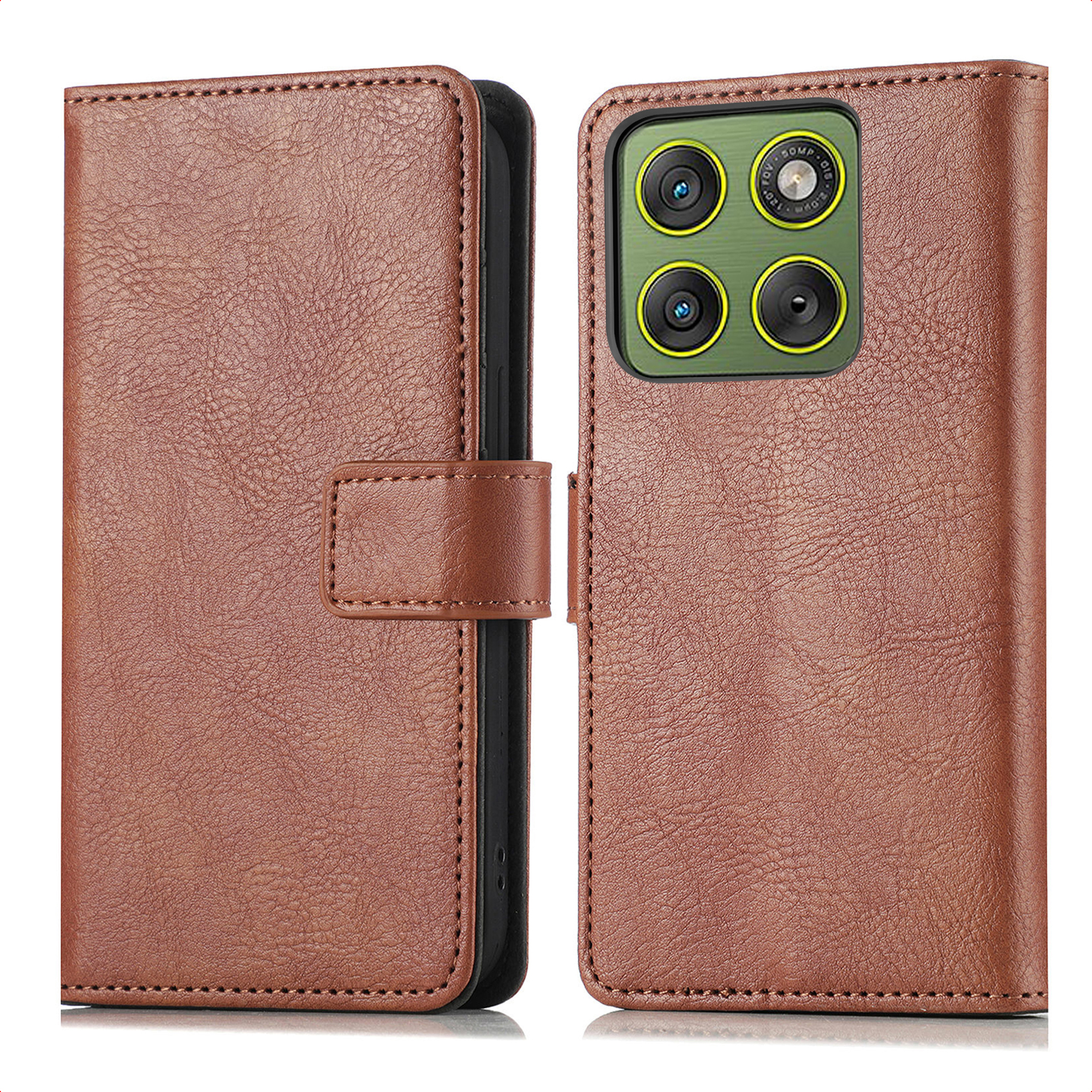Étui de téléphone en cuir marron. L'étui est ouvert, montrant la caméra du téléphone et une surface texturée.