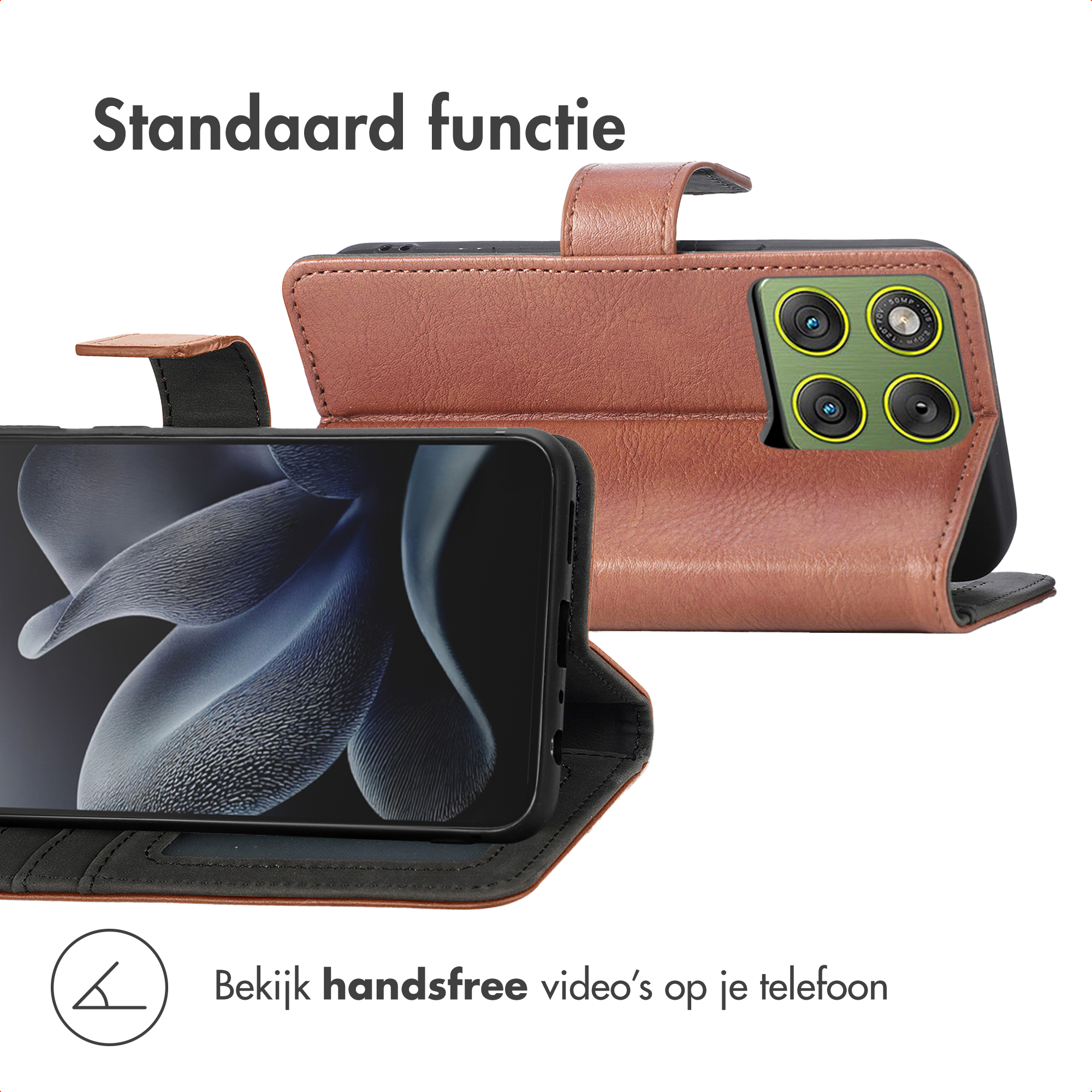 Un téléphone dans un étui en cuir marron est affiché. L'écran affiche un design. L'étui a une découpe pour la caméra.