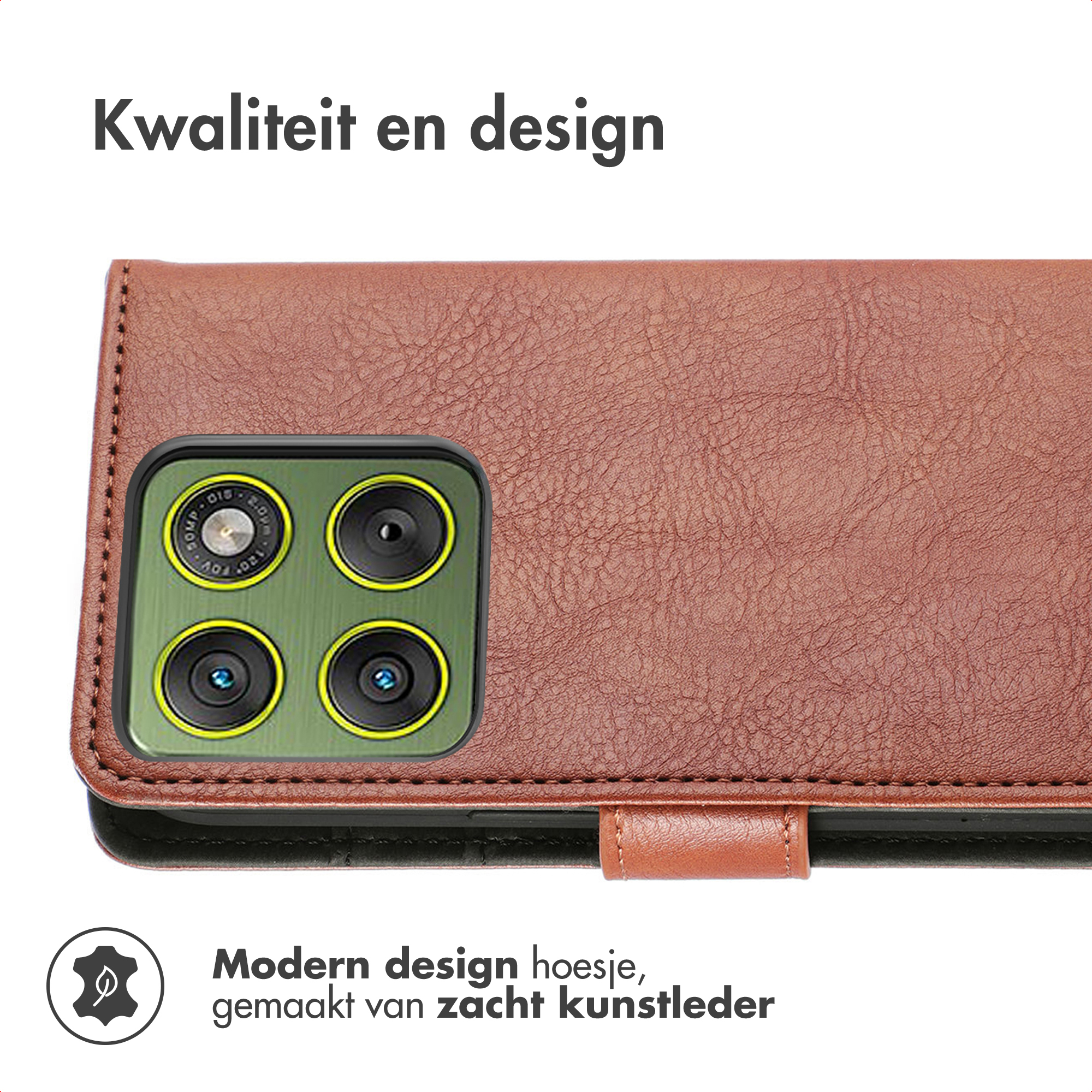 Étui de téléphone en cuir marron. Objectifs de l'appareil photo visibles. Texte: 'Kwaliteit en design' et 'Modern design hoesje'.
